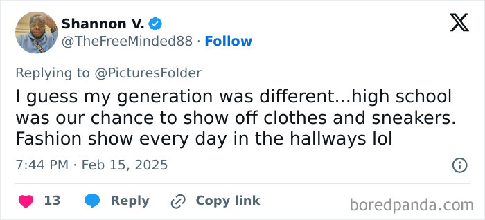Tweet about unhinged high school fashion shows in hallways, featuring clothes and sneakers.