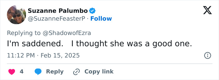 Tweet from Suzanne Palumbo expressing disappointment regarding Jennifer Garner. Tweet from Suzanne Palumbo expressing disappointment regarding Jennifer Garner.