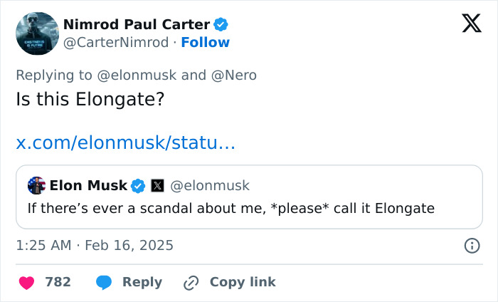 Tweet mentioning Elon Musk and "Elongate" in a lighthearted context, with engagement metrics visible. Tweet mentioning Elon Musk and "Elongate" in a lighthearted context, with engagement metrics visible.