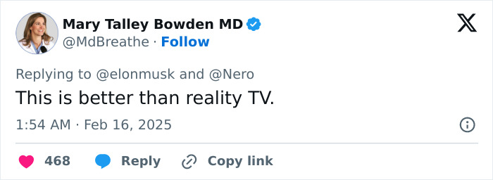 Tweet mentioning Elon Musk, describing the situation as better than reality TV. Tweet mentioning Elon Musk, describing the situation as better than reality TV.