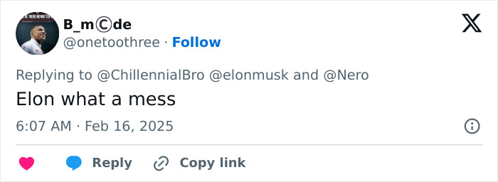 Tweet reply about Elon Musk, expressing "what a mess," timestamped February 16, 2025. Tweet reply about Elon Musk, expressing "what a mess," timestamped February 16, 2025.