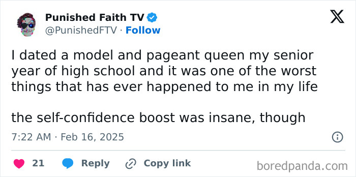 High school experience tweet about dating a model; a humorous take on self-confidence.