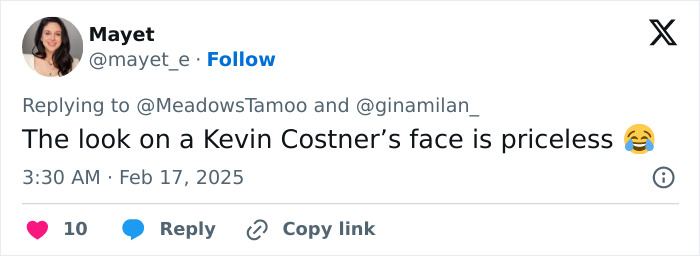 Tweet about Kevin Costner's reaction to a joke, shared by a user with emojis. Tweet about Kevin Costner's reaction to a joke, shared by a user with emojis.