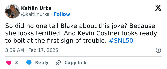 Tweet jokes about Kevin Costner and Ryan Reynolds on SNL 50, indicating Costner's humorous reaction. Tweet jokes about Kevin Costner and Ryan Reynolds on SNL 50, indicating Costner's humorous reaction.