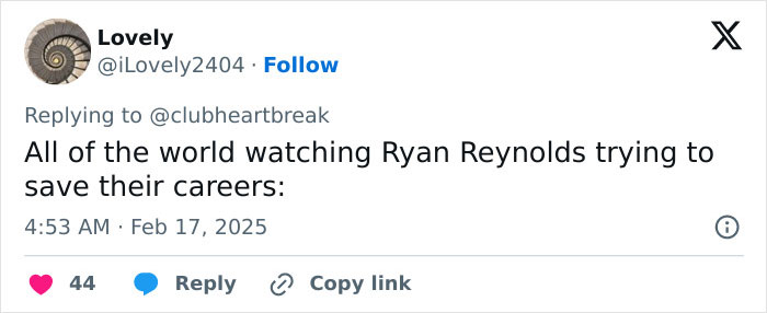 Tweet about Ryan Reynolds and viral reaction to Baldoni joke on SNL 50. Tweet about Ryan Reynolds and viral reaction to Baldoni joke on SNL 50.