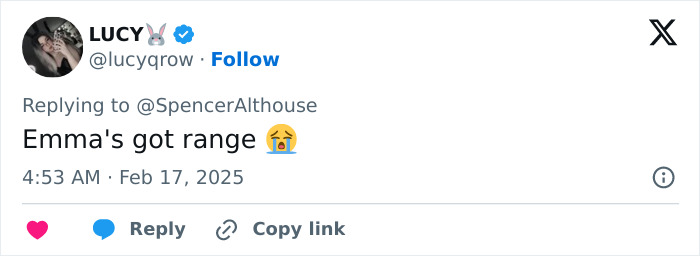 Tweet with text praising Emma Stone, highlighting her range, with crying emoji, from user Lucyqrow to SpencerAlthouse. Tweet with text praising Emma Stone, highlighting her range, with crying emoji, from user Lucyqrow to SpencerAlthouse.