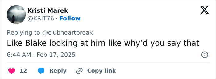 Tweet joking about a reaction, mentioning Ryan Reynolds and Baldoni from SNL 50. Tweet joking about a reaction, mentioning Ryan Reynolds and Baldoni from SNL 50.