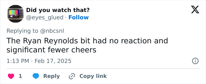 Tweet discussing Ryan Reynolds joke on SNL 50 with fewer cheers, mentioned by user @eyes_glued. Tweet discussing Ryan Reynolds joke on SNL 50 with fewer cheers, mentioned by user @eyes_glued.
