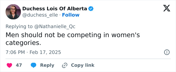 Tweet expressing viewpoint on transgender inclusion in women's sports. Tweet expressing viewpoint on transgender inclusion in women's sports.