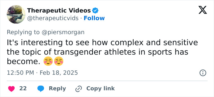 Tweet discussing the complexities of transgender inclusion in sports, emphasizing sensitivity around transgender athletes. Tweet discussing the complexities of transgender inclusion in sports, emphasizing sensitivity around transgender athletes.