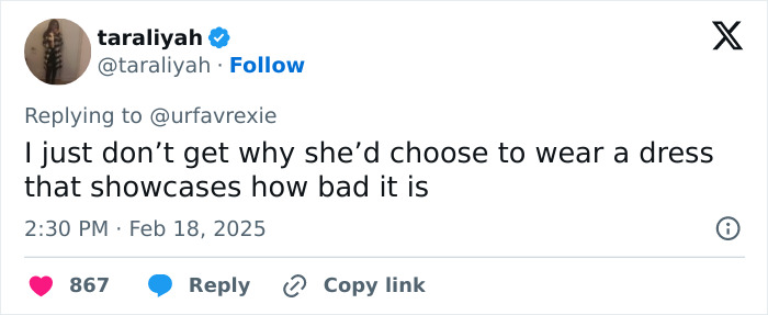 Tweet responding to a dress, sparking concern about Ariana Grande's extremely thin image, with engagement metrics below. Tweet responding to a dress, sparking concern about Ariana Grande's extremely thin image, with engagement metrics below.