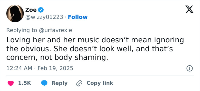 Tweet expressing concern for Ariana Grande's appearance, discussing health over body shaming. Tweet expressing concern for Ariana Grande's appearance, discussing health over body shaming.