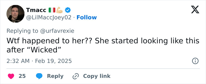 Tweet questioning changes in Ariana Grande's appearance after "Wicked. Tweet questioning changes in Ariana Grande's appearance after "Wicked.