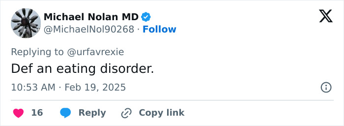 Tweet discussing concern about someone's health, mentioning eating disorder, related to Ariana Grande sparks discussion. Tweet discussing concern about someone's health, mentioning eating disorder, related to Ariana Grande sparks discussion.