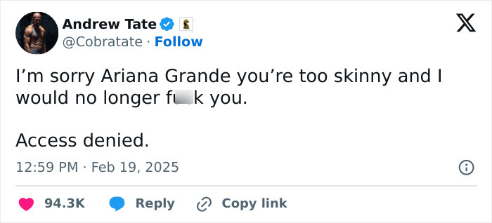 Andrew Tate tweet with a controversial comment about Ariana Grande's body. Andrew Tate tweet with a controversial comment about Ariana Grande's body.