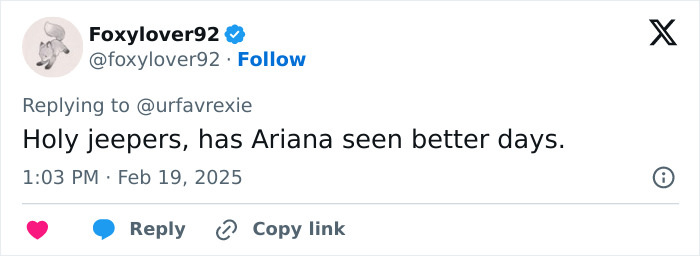 Tweet expressing concern about Ariana Grande's appearance at the Baftas. Tweet expressing concern about Ariana Grande's appearance at the Baftas.