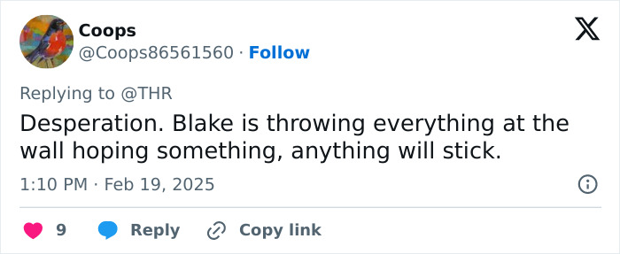 Tweet from Coops about Blake's desperation, related to "It Ends With Us" and Justin Baldoni's behavior in intimate scenes. Tweet from Coops about Blake's desperation, related to "It Ends With Us" and Justin Baldoni's behavior in intimate scenes.