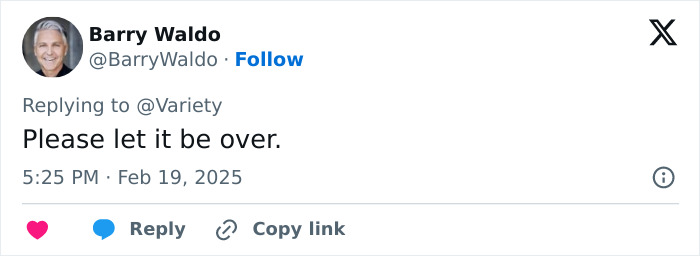 Tweet screenshot mentioning Justin Baldoni, expressing a reaction with text "Please let it be over. Tweet screenshot mentioning Justin Baldoni, expressing a reaction with text "Please let it be over.