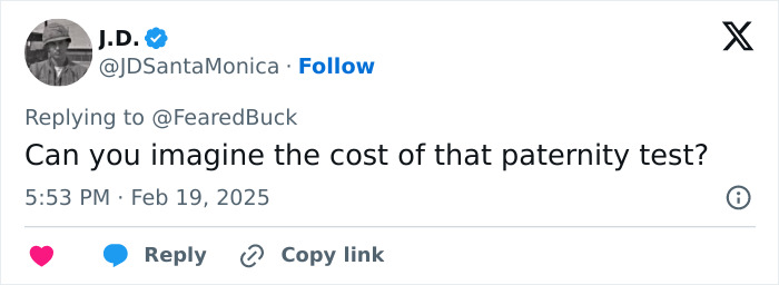 Tweet commenting on paternity test costs amid Bonny Blue pregnancy rumors. Tweet commenting on paternity test costs amid Bonny Blue pregnancy rumors.