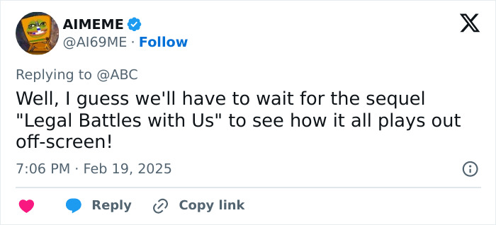 A tweet humorously speculating about a sequel to "It Ends With Us" involving legal battles. A tweet humorously speculating about a sequel to "It Ends With Us" involving legal battles.