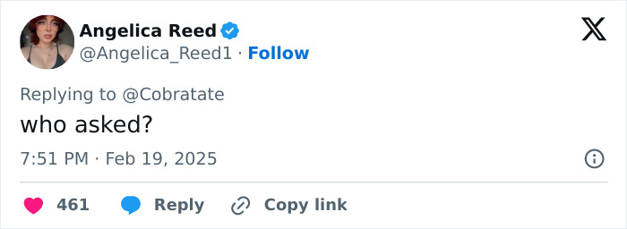 Tweet replying to Andrew Tate regarding Ariana Grande comment, stating "who asked?" with engagement metrics visible. Tweet replying to Andrew Tate regarding Ariana Grande comment, stating "who asked?" with engagement metrics visible.