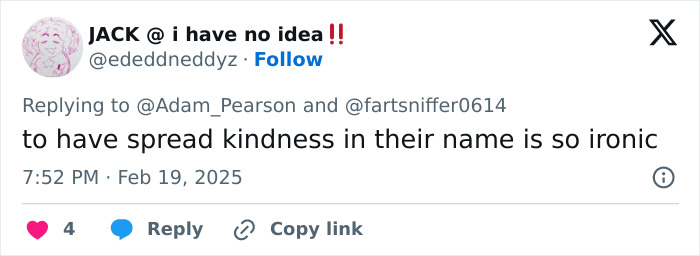 Screenshot of a tweet mentioning Adam Pearson, discussing irony in spreading kindness. Screenshot of a tweet mentioning Adam Pearson, discussing irony in spreading kindness.