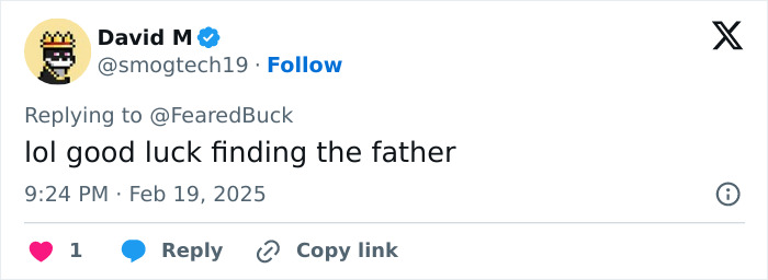 Tweet reacting to Bonny Blue pregnancy rumors, featuring the text "lol good luck finding the father. Tweet reacting to Bonny Blue pregnancy rumors, featuring the text "lol good luck finding the father.