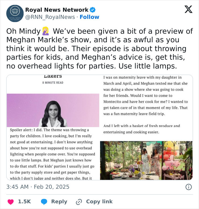 Fans react to Meghan Markle's kids' party advice; discussed in a tweet with text highlighting her event tips. Fans react to Meghan Markle's kids' party advice; discussed in a tweet with text highlighting her event tips.