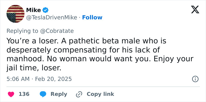 Tweet responding to Andrew Tate, criticizing his behavior, calling him a pathetic beta male and mentioning jail time. Tweet responding to Andrew Tate, criticizing his behavior, calling him a pathetic beta male and mentioning jail time.
