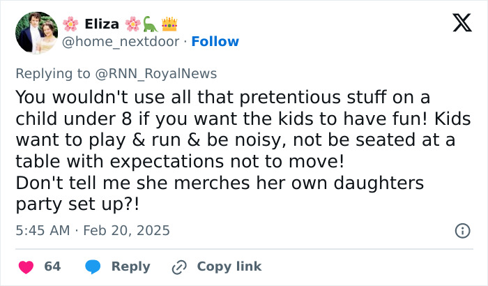 Tweet critiquing Meghan Markle's kids' party advice, expressing skepticism about appropriate event expectations. Tweet critiquing Meghan Markle's kids' party advice, expressing skepticism about appropriate event expectations.