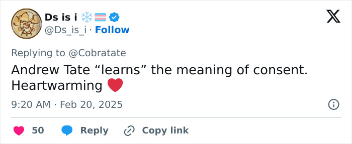 Tweet about Andrew Tate and Ariana Grande's comment with sarcastic tone. Tweet about Andrew Tate and Ariana Grande's comment with sarcastic tone.
