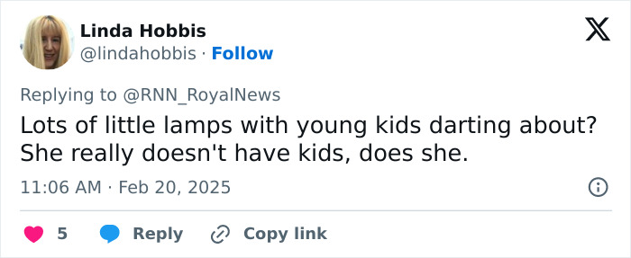 Linda Hobbis's tweet questioning Meghan Markle's advice on kids' parties. Linda Hobbis's tweet questioning Meghan Markle's advice on kids' parties.