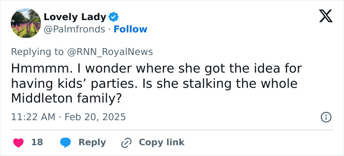 Tweet expressing skepticism about Meghan Markle's children's party advice. Tweet expressing skepticism about Meghan Markle's children's party advice.