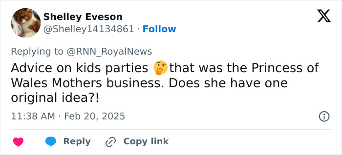 Tweet skeptical of Meghan Markle's advice on throwing kids' parties, questioning originality. Tweet skeptical of Meghan Markle's advice on throwing kids' parties, questioning originality.