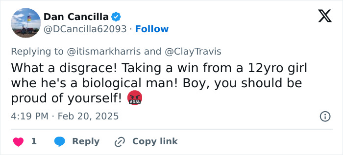 Tweet expressing opinion on transgender inclusion in women's sports. Tweet expressing opinion on transgender inclusion in women's sports.