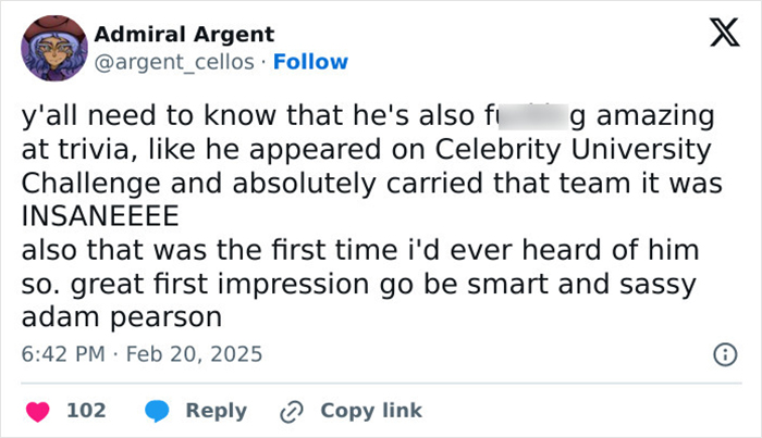Tweet praising Adam Pearson's trivia skills on Celebrity University Challenge. Tweet praising Adam Pearson's trivia skills on Celebrity University Challenge.