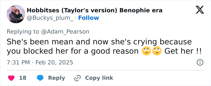 Tweet replying to Adam Pearson about blocking someone for being mean. Tweet replying to Adam Pearson about blocking someone for being mean.