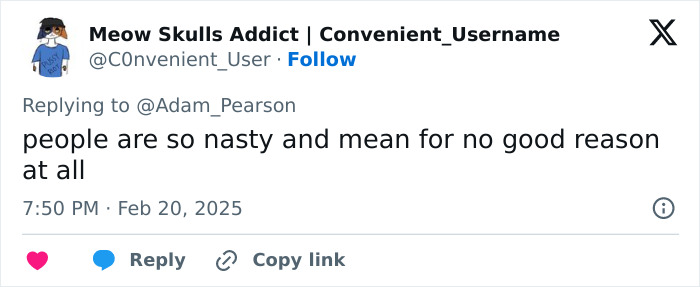 Tweet reply mentioning Adam Pearson, discussing mean behavior online. Tweet reply mentioning Adam Pearson, discussing mean behavior online.