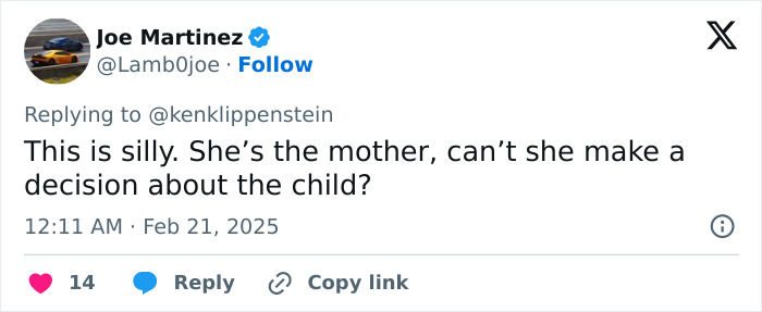 Tweet discussing decision-making about a child amid Grimes and Elon Musk controversy. Tweet discussing decision-making about a child amid Grimes and Elon Musk controversy.