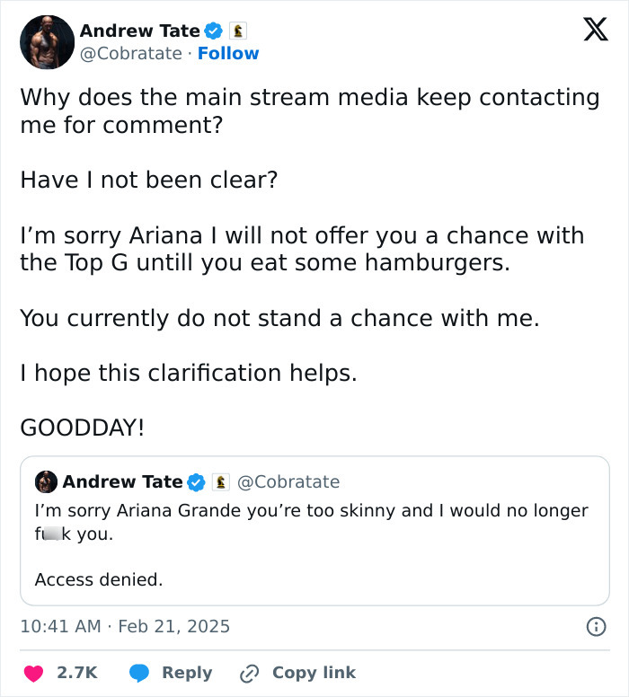 Tweet by Andrew Tate commenting on Ariana Grande's body, discussing media inquiries. Tweet by Andrew Tate commenting on Ariana Grande's body, discussing media inquiries.