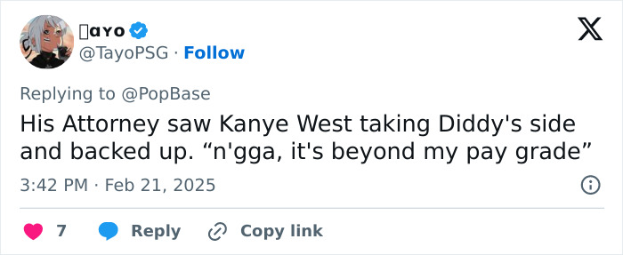 Tweet discussing Diddy's lawyer quitting, mentioning Kanye West's involvement, with reactions and timestamp. Tweet discussing Diddy's lawyer quitting, mentioning Kanye West's involvement, with reactions and timestamp.