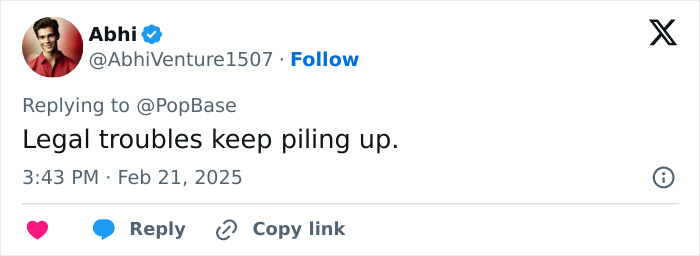 Tweet saying, "Legal troubles keep piling up," addressing ship's imminent sinking. Tweet saying, "Legal troubles keep piling up," addressing ship's imminent sinking.