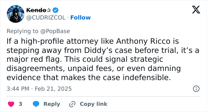 Tweet discussing Diddy's lawyer quitting before trial date, highlighting potential issues in the case. Tweet discussing Diddy's lawyer quitting before trial date, highlighting potential issues in the case.
