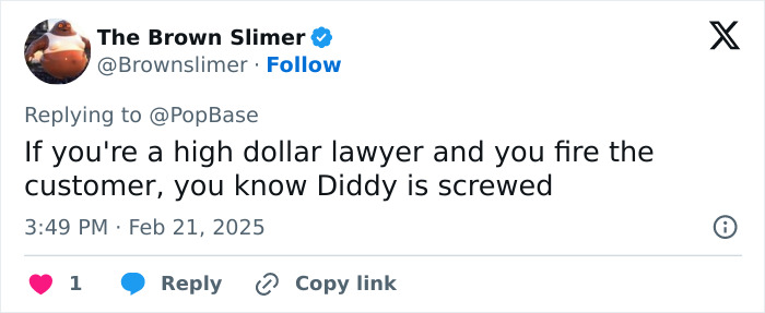 Tweet mentioning Diddy's lawyer quitting before trial, implying trouble for him. Tweet mentioning Diddy's lawyer quitting before trial, implying trouble for him.