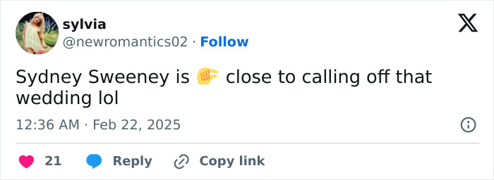 Tweet suggesting Sydney Sweeney postponing wedding, with pointing emoji. Tweet suggesting Sydney Sweeney postponing wedding, with pointing emoji.