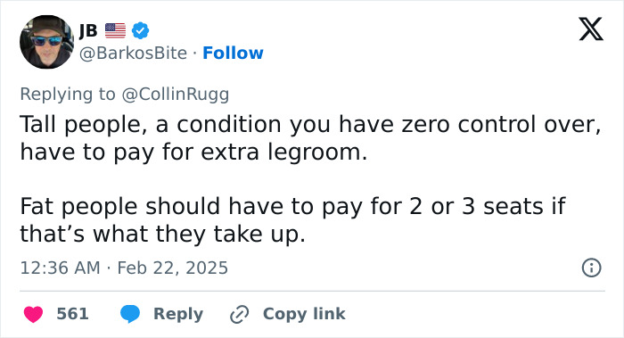 Tweet discussing airlines and fees for obese passengers, comparing to charges for tall people needing legroom. Tweet discussing airlines and fees for obese passengers, comparing to charges for tall people needing legroom.