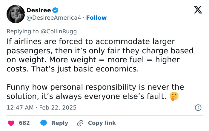 Tweet discussing airlines weighing fees for obese passengers and the concept of personal responsibility. Tweet discussing airlines weighing fees for obese passengers and the concept of personal responsibility.
