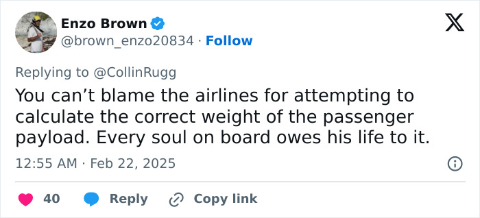 Tweet by Enzo Brown discussing airlines weighing fees for obese passengers, emphasizing safety and passenger payload. Tweet by Enzo Brown discussing airlines weighing fees for obese passengers, emphasizing safety and passenger payload.