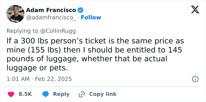 Adam Francisco tweets on airlines weighing fees, sparking debate on discrimination against obese passengers. Adam Francisco tweets on airlines weighing fees, sparking debate on discrimination against obese passengers.