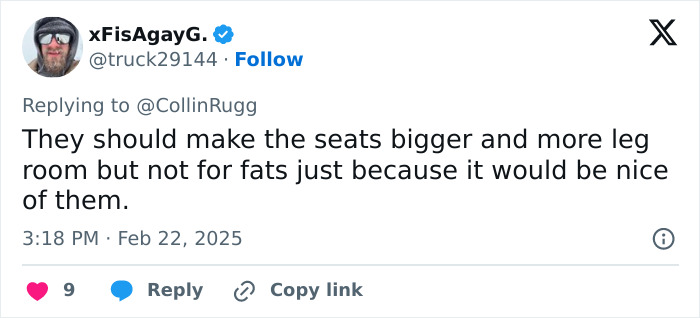 Tweet discussing airline seat size, referencing discrimination against obese passengers. Tweet discussing airline seat size, referencing discrimination against obese passengers.